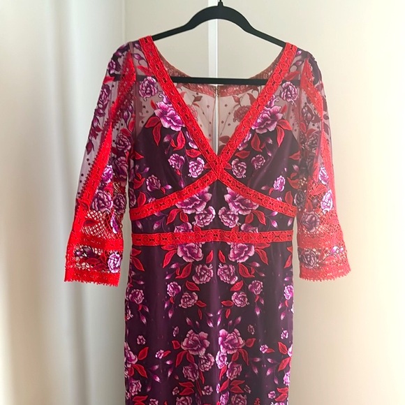 MARCHESA NOTTE Wine Floral Lace  Mesh Embroidered  Gown Red Pink Purple Size 8 - Picture 6 of 11